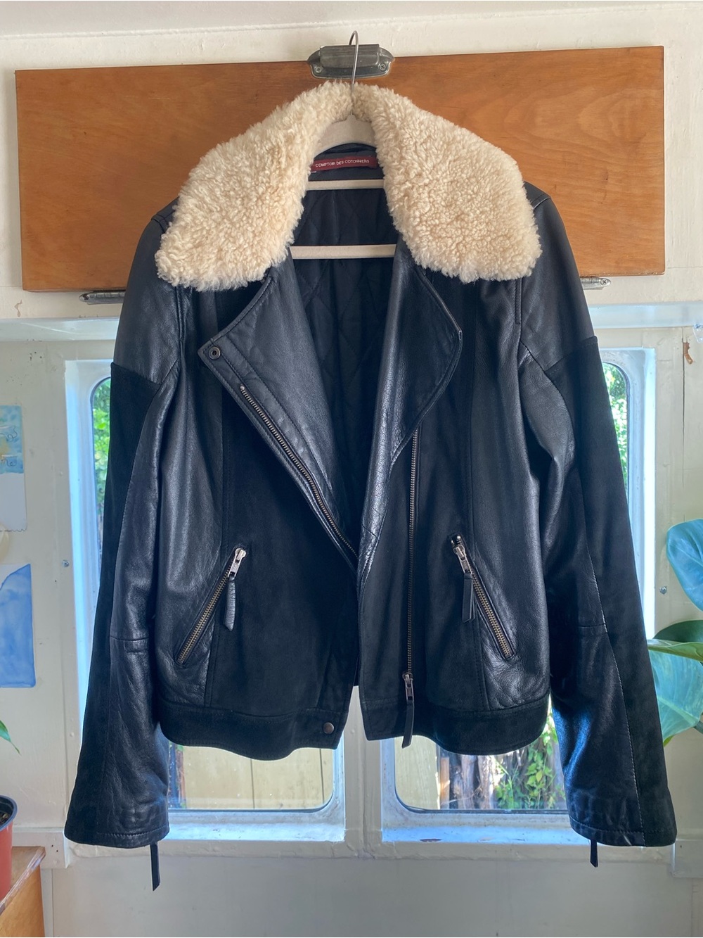 Comptoir Des Cotonniers black Leather Jacket with Cream Sherpa Collar